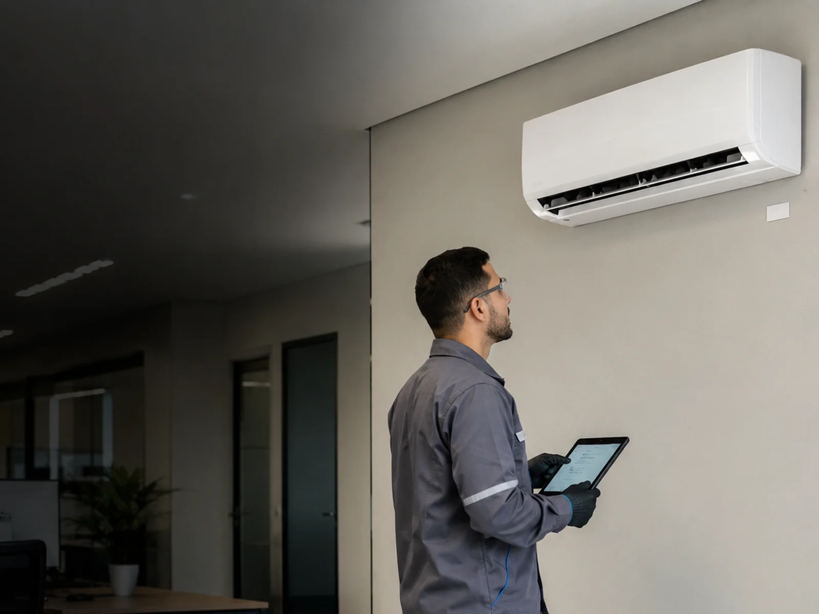 Especialista realizando manutenção de climatização e atualizando o PMOC