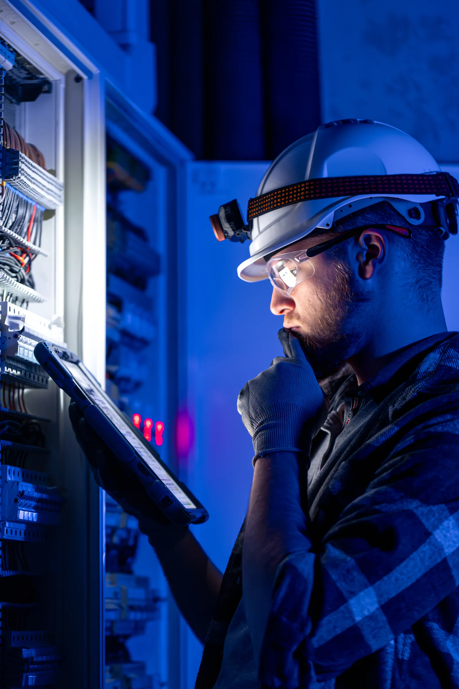 Técnico com capacete e lanterna de cabeça inspecionando um painel elétrico